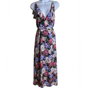 REVOLVE WAYF Black Floral Jamie Ruffle Wrap Maxi Gown Lace Up Back Waist 23”-27”